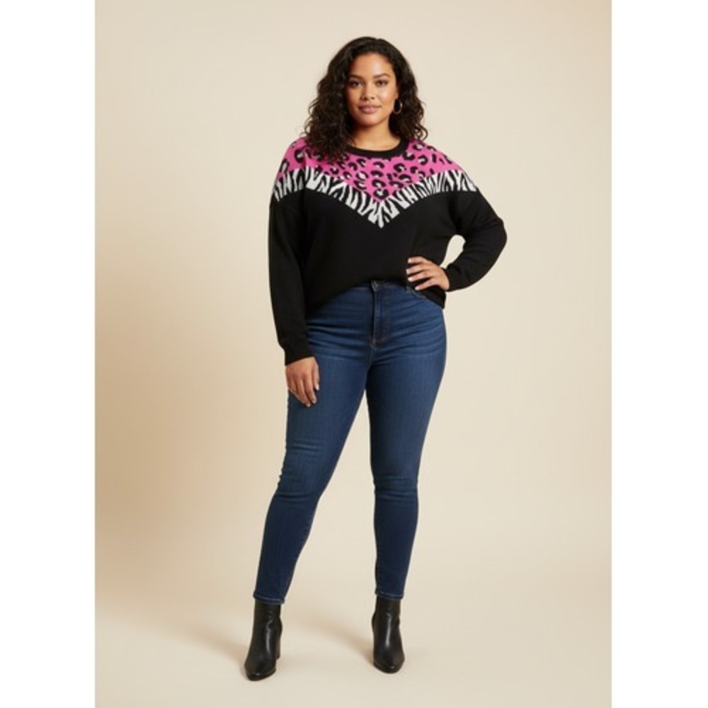 Women Sweater Bar III Plus Mixed Animal-Print Sweatshirt Size 3X Black/Multi